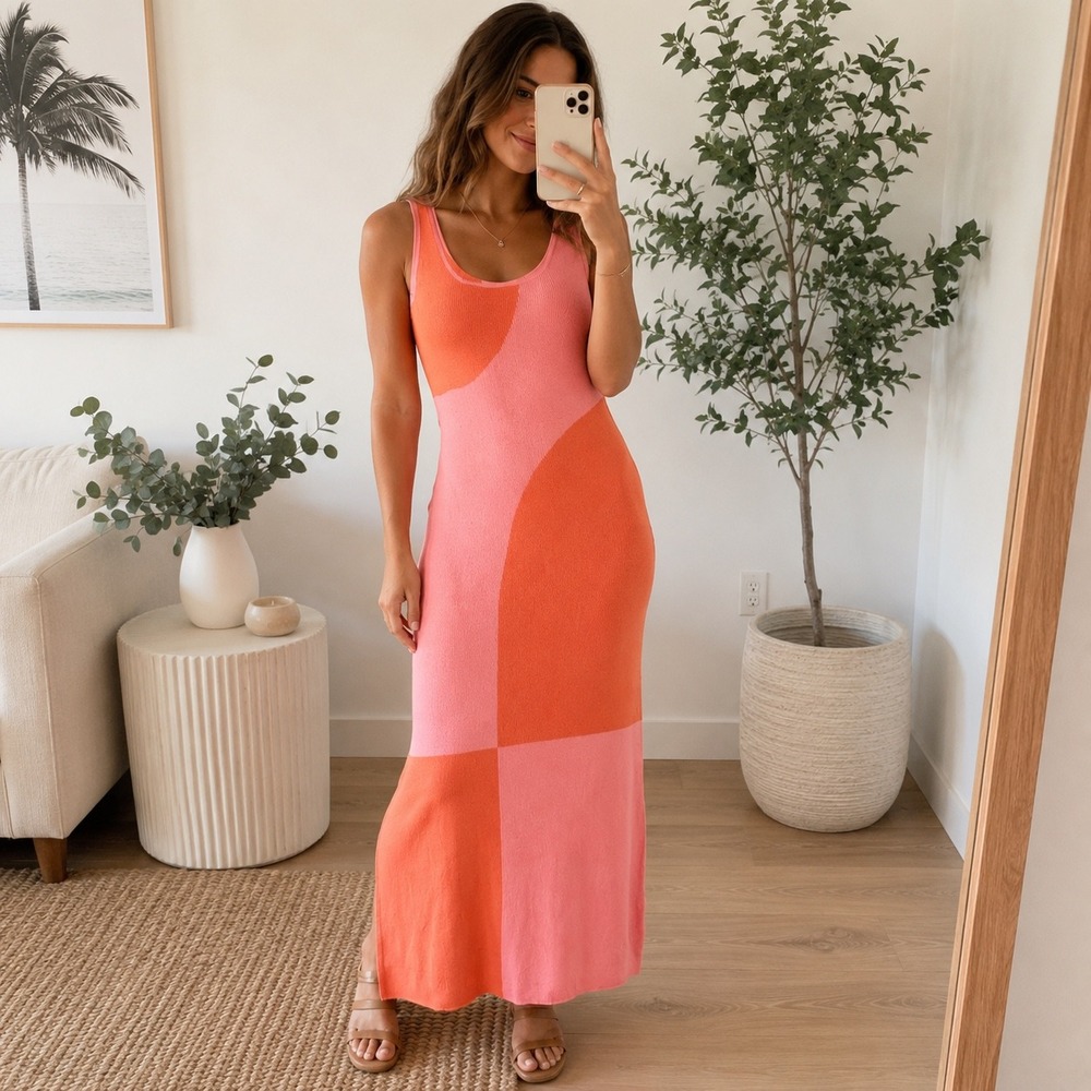 Lush Pink Peach Colorblock Knit Sleeveless Maxi Dress Womens Large